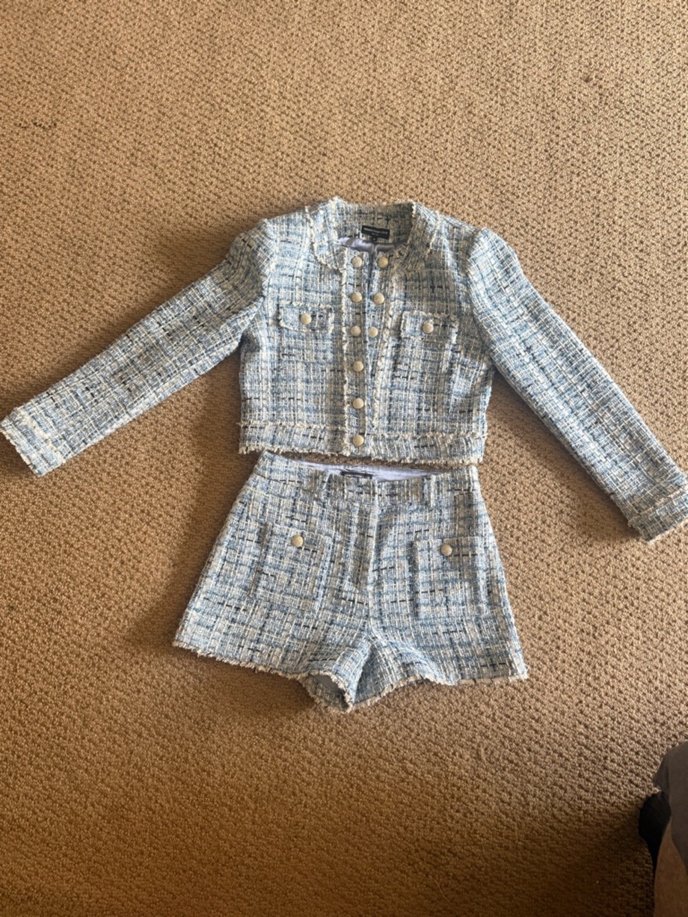 Generation Love Blue & White Tweed Cropped Blazer with Matching Shorts